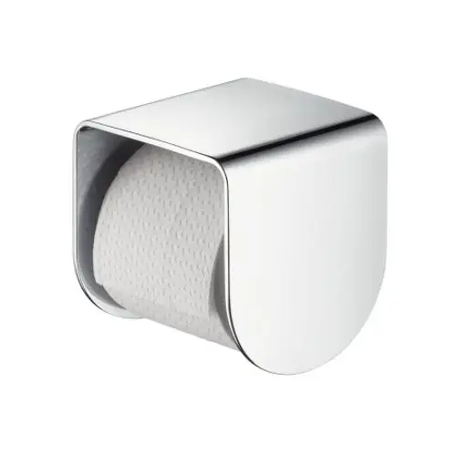 Toilettenpapierhalter in Chrom von AXOR, mit Ablagefläche, quadratischem Design, zur Wandmontage geeignet. Rollenträger sichtbar, hygienisches Design.